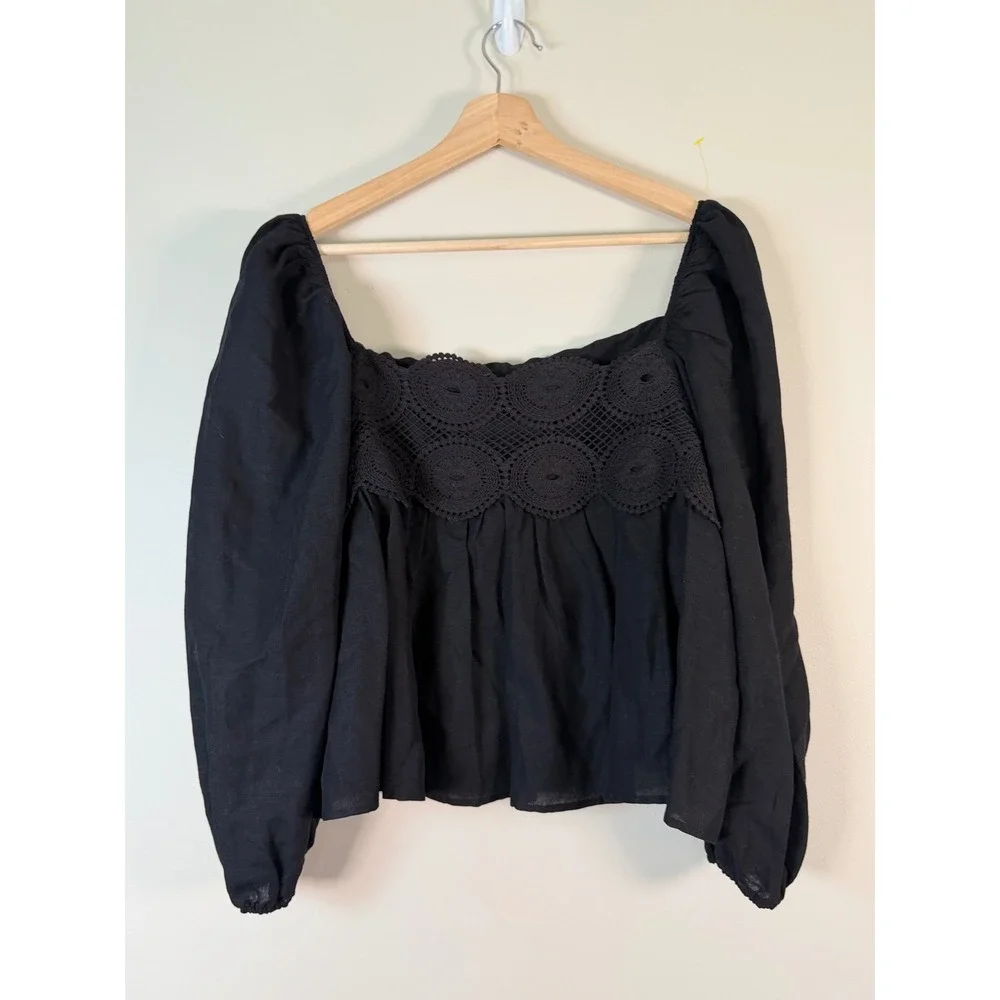 Free People Black Crochet Lace Inset Square Neck Puff Sleeve Babydoll Blouse L